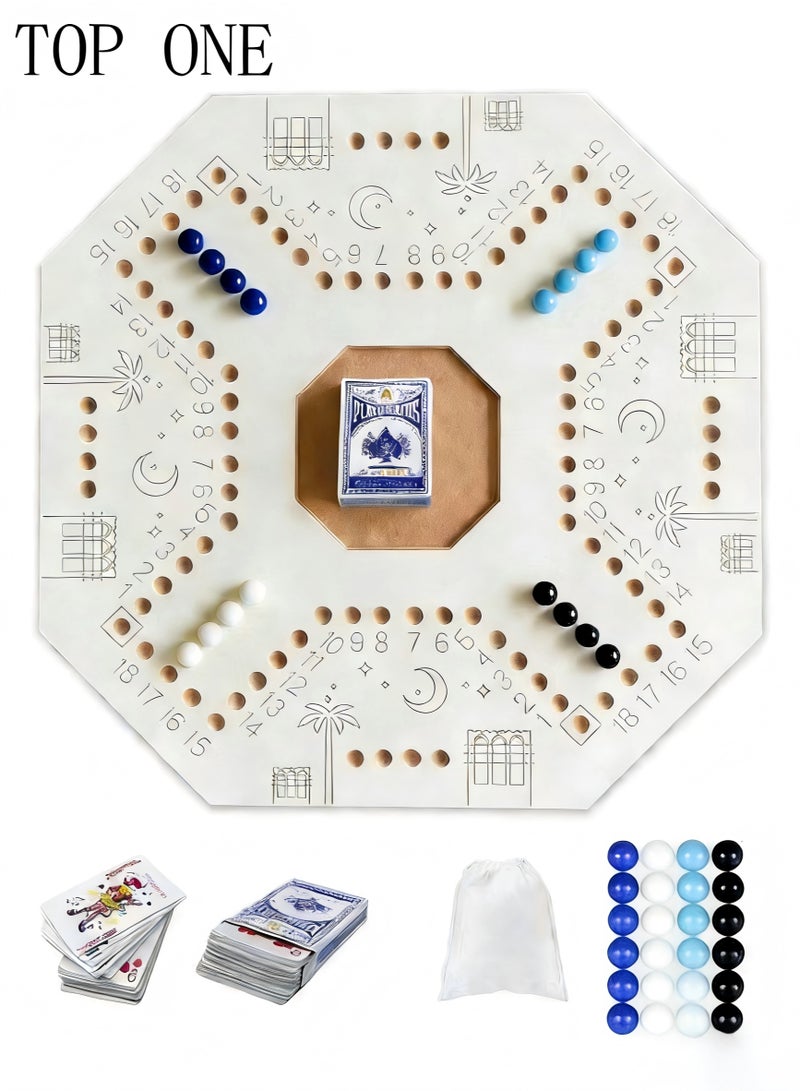 توب ون لعبة جاكارو، لعبة لودو، لعبة جاكارو جوكر الخشبية لأربعة لاعبين، تتضمن بطاقات وكرات زجاجية، حقيبة صغيرة للكرات الزجاجية، لعبة جاكارو العائلية، لعبة رخامية - Image 5